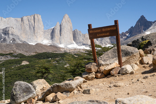 Wooden Sign at Mirador Britanico Lookout with Massive Paine Massif Peaks Torres del Paine