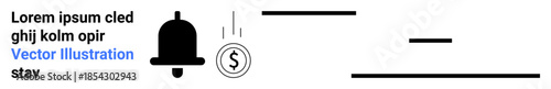 Notifications, payment reminders, financial transactions, user interface, communication alerts, money management. Bell icon with coin falling. Notifications and payment reminders concept