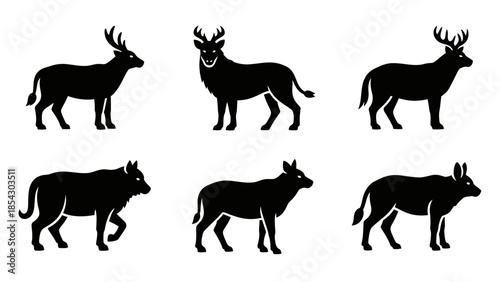Collection of Six Black Silhouette Animals Including Deer and Wolf Like Creatures