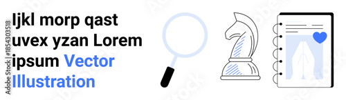 Research, strategic planning, creative thinking, business analysis, leadership, efficiency. Magnifying glass, chess knight and notebook with a heart icon. Research and strategic planning concepts