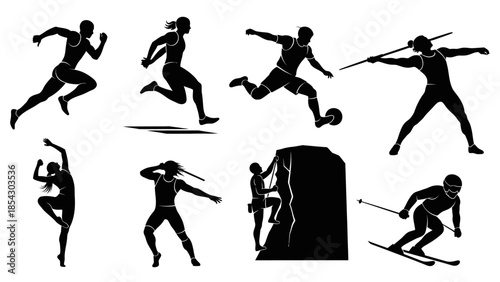 Black silhouette sports figures performing dynamic athletic actions and competitive movement poses.