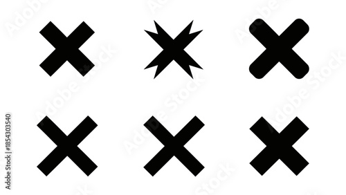 Collection of Six Distinct Black Cross Marks and X Symbols on White Background