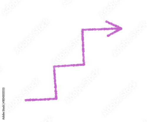 Handdrawn swirl crayon arrow icon in purple with textured sketch and bold stroke. Child art element forms an up direction, with hand drawn detail and playful finish as a unique accent.