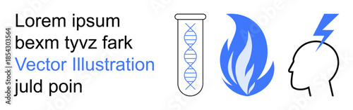 Genetic research, energy sources, innovation, brainstorming, science, renewable technology. DNA strand in a test tube, flame head with lightning bolt. Genetic research and energy sources conceptual