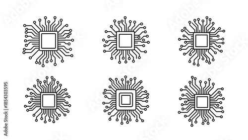 Collection of six monochrome microchip icons arranged in a two by three grid pattern