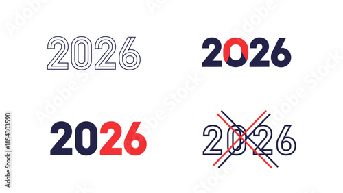 Collection of stylized 2026 year graphics featuring different designs and color combinations