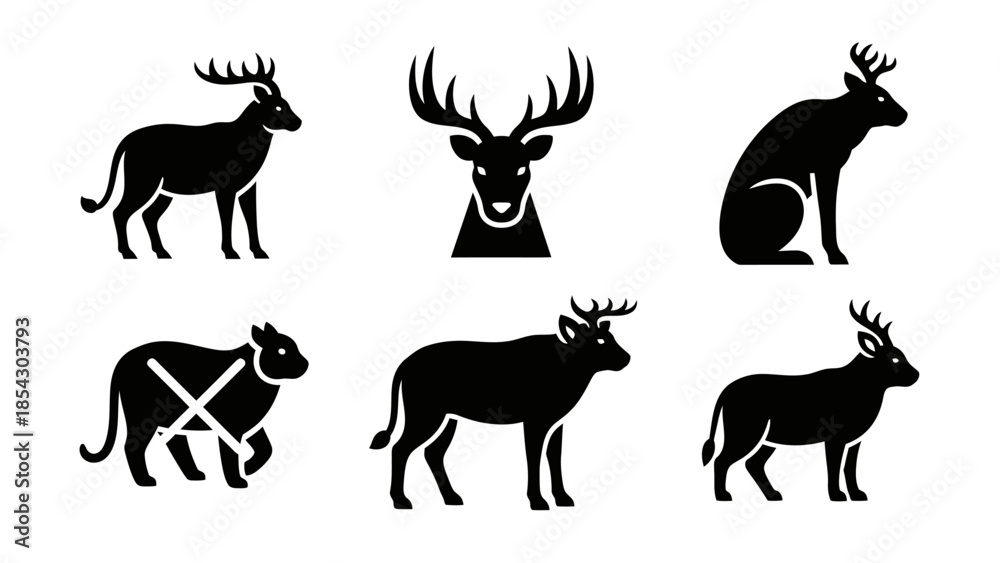 Fototapeta premium Collection of stylized black silhouette icons representing various deer and animal poses