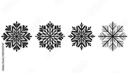 Collection of stylized black and white snowflakes on a white background wintery design elements