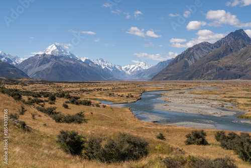 Scenic Valley and Braided River Leading to Aoraki Mount Cook New Zealand