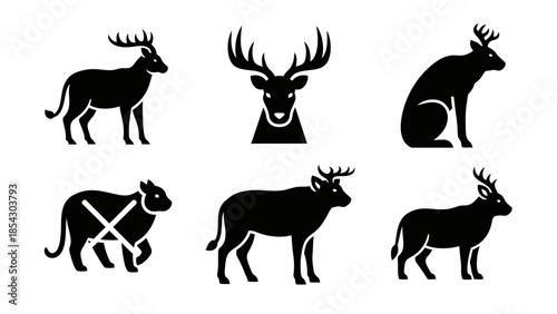 Collection of stylized black silhouette icons representing various deer and animal poses