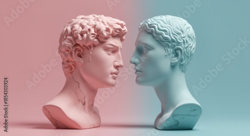 Male and female classical marble busts facing each other