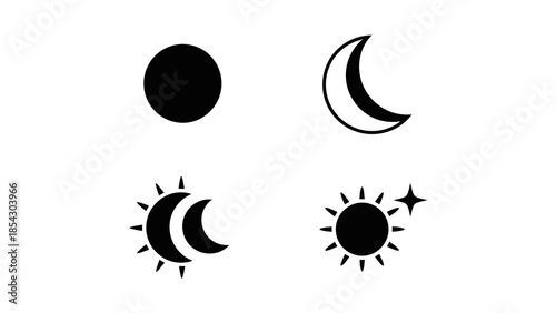 Collection of Sun and Moon Icons Representing Day and Night Cycles