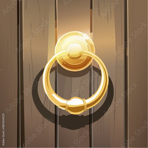 A brightly shining, completely polished brass door knocker reflects the warm sunlight on a dark wooden door.