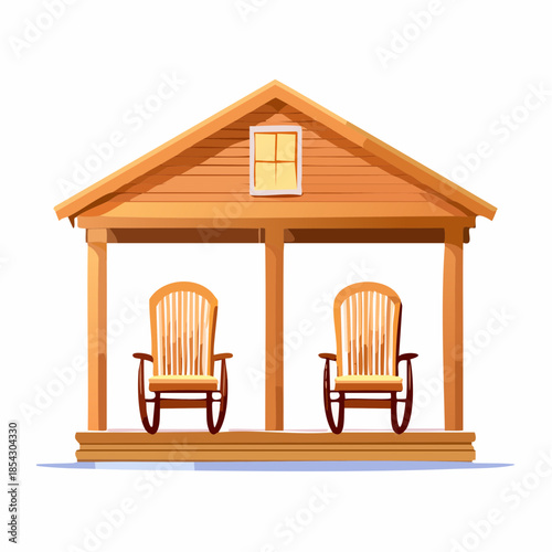 A gentle, warm golden hour light streams across a quiet, empty front porch with two antique rocking chairs.