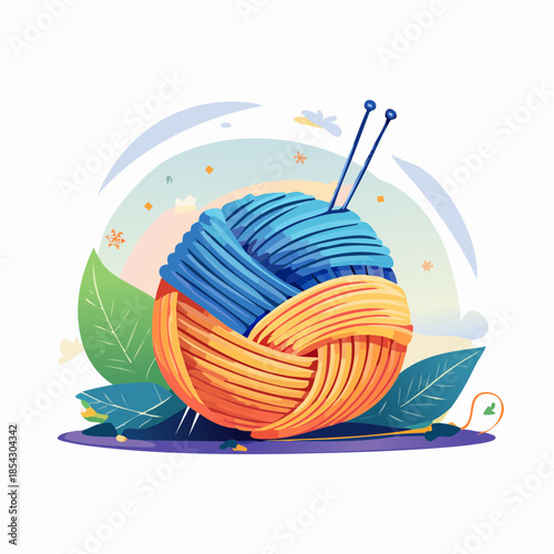 A vibrant, complex knitting project is paused with the needles still inserted into the warm, half-finished fabric.