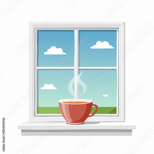 The soft, warm steam rises from a single, simple, porcelain cup of tea on a quiet windowsill.