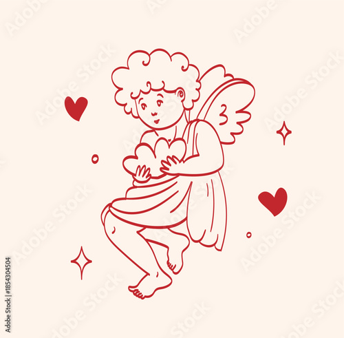 Minimal red lineart illustration of a cupid with wings with elegant lines and sparkles in vintage style. Element is perfect for greeting cards, invitations, print, wedding, packaging, advertising