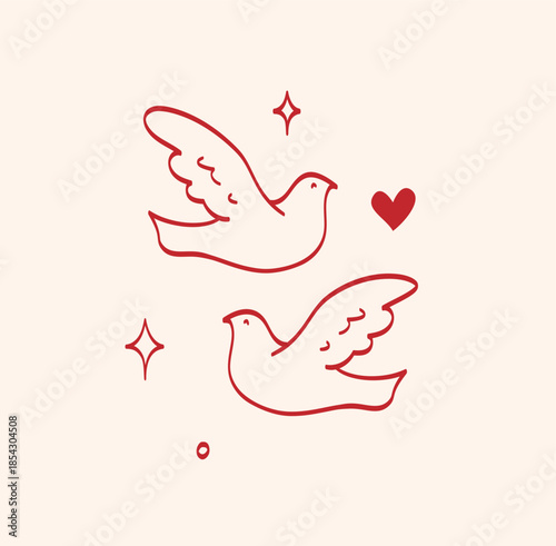 Minimal red lineart illustration of a pair dove with elegant lines and sparkles in vintage style. Element is perfect for greeting cards, invitations, print, wedding, tattoo, packaging, advertising
