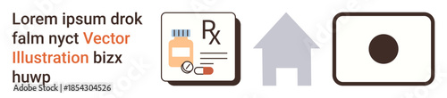 Healthcare services, medication delivery, home-based care, technology connection, telemedicine, remote monitoring. Icons a prescription label, house and camera lens. Healthcare services