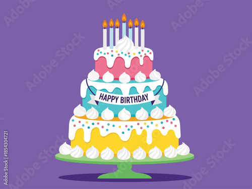 Birthday cake flat illustration with candles and decorations, celebration dessert isolated on clean background, ideal for party invitations, greeting cards, and event promotions