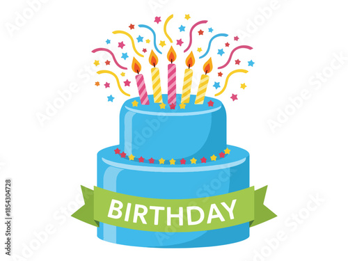 Birthday cake flat illustration with candles and decorations, celebration dessert isolated on clean background, ideal for party invitations, greeting cards, and event promotions