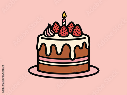 Birthday cake flat illustration with candles and decorations, celebration dessert isolated on clean background, ideal for party invitations, greeting cards, and event promotions