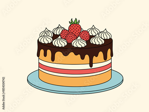 Birthday cake flat illustration with candles and decorations, celebration dessert isolated on clean background, ideal for party invitations, greeting cards, and event promotions
