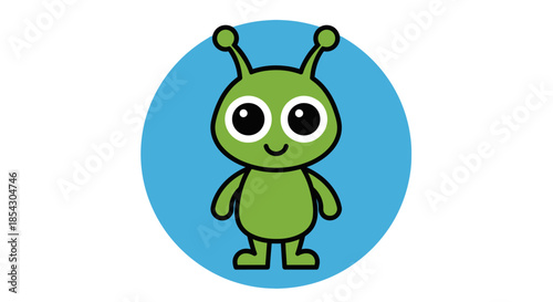 Cute cartoon green alien with big eyes and antennae inside a blue circle