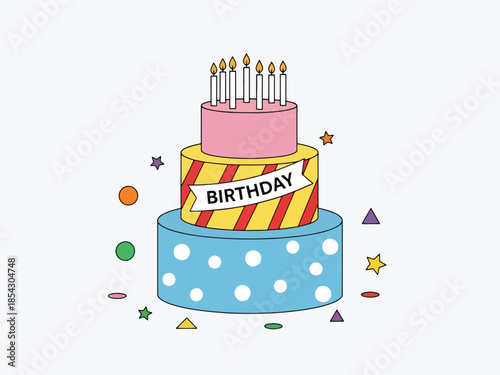 Birthday cake flat illustration with candles and decorations, celebration dessert isolated on clean background, ideal for party invitations, greeting cards, and event promotions