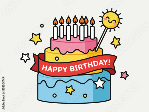 Birthday cake flat illustration with candles and decorations, celebration dessert isolated on clean background, ideal for party invitations, greeting cards, and event promotions