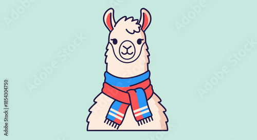 Cute cartoon llama wearing a colorful scarf with a light blue background
