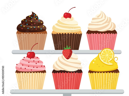 Assorted cupcakes flat illustration with different frosting flavors, bakery dessert collection isolated on clean background, ideal for bakery displays, menus, and party graphics