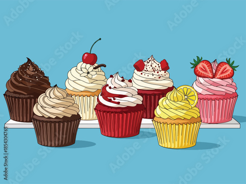 Assorted cupcakes flat illustration with different frosting flavors, bakery dessert collection isolated on clean background, ideal for bakery displays, menus, and party graphics