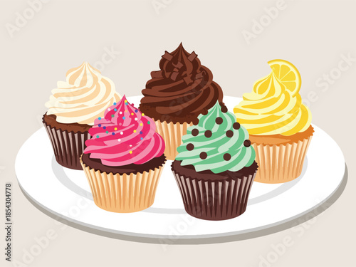 Assorted cupcakes flat illustration with different frosting flavors, bakery dessert collection isolated on clean background, ideal for bakery displays, menus, and party graphics