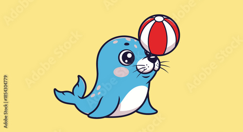 Cute cartoon seal balances a striped ball on its nose against a yellow background