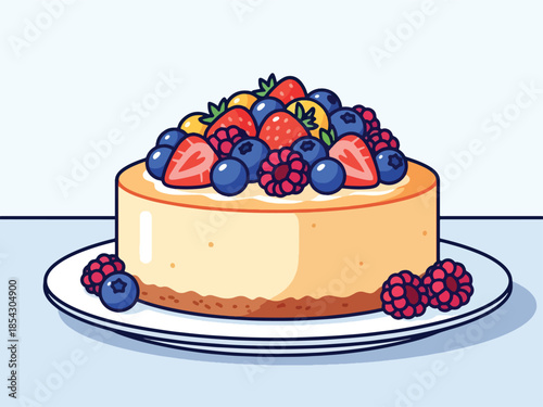 Classic cheesecake flat illustration with creamy texture and fruit topping, isolated on clean background, ideal for café menus, dessert branding, and food marketing