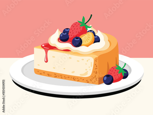 Classic cheesecake flat illustration with creamy texture and fruit topping, isolated on clean background, ideal for café menus, dessert branding, and food marketing