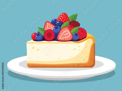 Classic cheesecake flat illustration with creamy texture and fruit topping, isolated on clean background, ideal for café menus, dessert branding, and food marketing