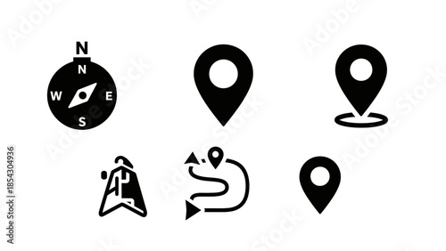 Diverse collection of navigation and location icons representing direction and mapping concepts