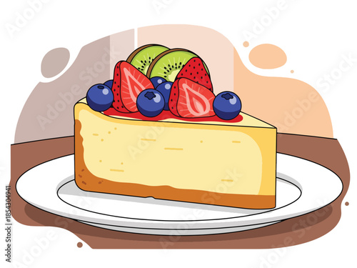 Classic cheesecake flat illustration with creamy texture and fruit topping, isolated on clean background, ideal for café menus, dessert branding, and food marketing