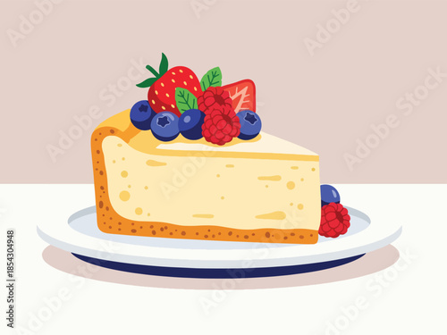 Classic cheesecake flat illustration with creamy texture and fruit topping, isolated on clean background, ideal for café menus, dessert branding, and food marketing
