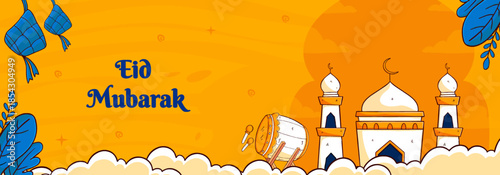 Eid  Mubarak Banner Template  With Ketupat and Mosque Concept. Hand Drawn And Flat Style