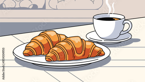 Croissant breakfast flat illustration with coffee, bakery morning food concept isolated on clean background, ideal for breakfast menus, cafés, and food promotions