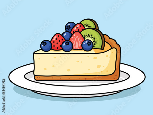 Classic cheesecake flat illustration with creamy texture and fruit topping, isolated on clean background, ideal for café menus, dessert branding, and food marketing