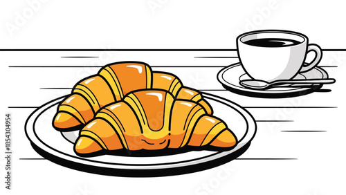 Croissant breakfast flat illustration with coffee, bakery morning food concept isolated on clean background, ideal for breakfast menus, cafés, and food promotions