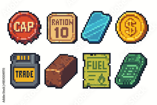 Pixel art currency icons: cap, ration, money, trade, brick, fuel