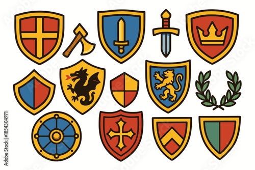 Collection of medieval shields and heraldic symbols