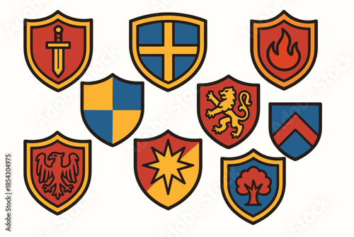 Colorful heraldic shields with symbols of sword, fire, lion, and more