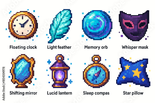 Pixel art fantasy icons: clock, feather, orb, mask, mirror, lantern, compass, pillow