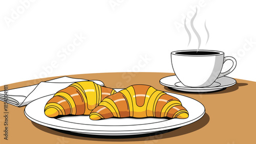 Croissant breakfast flat illustration with coffee, bakery morning food concept isolated on clean background, ideal for breakfast menus, cafés, and food promotions